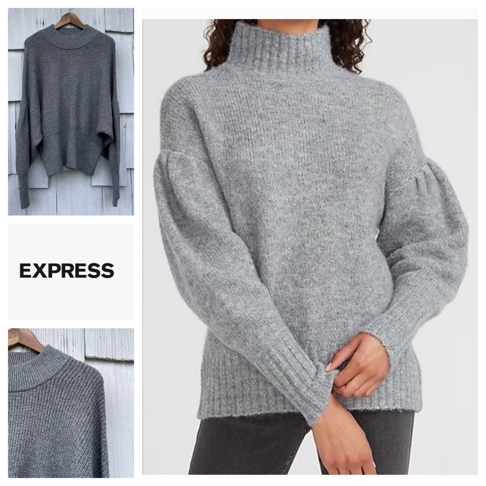 Express Mock Neck Puff Sleeve Ribbed Knit‎ Sweater Gray XL